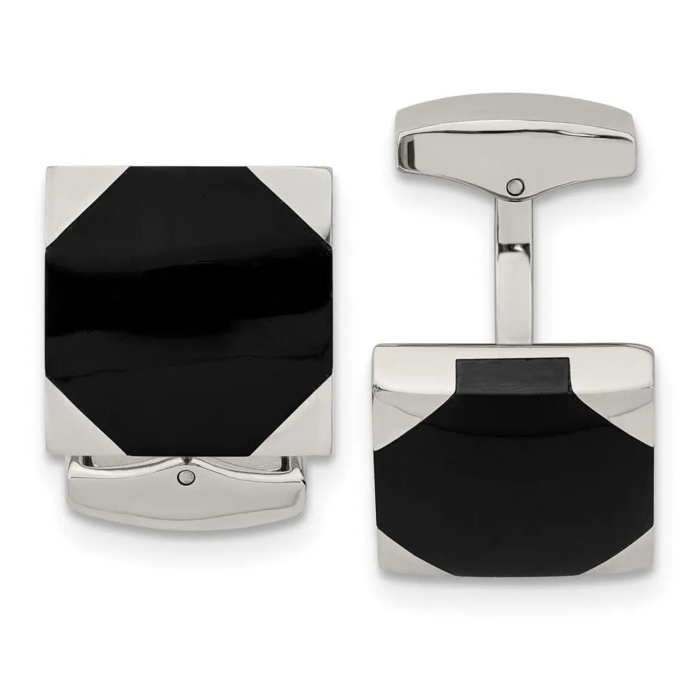 Stainless Steel & Black Rubber Square Cuff Links, 16mm (5/8 Inch)