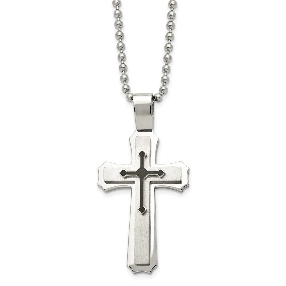 Stainless Steel & Black Rubber Triple Cross Necklace, 24 Inch