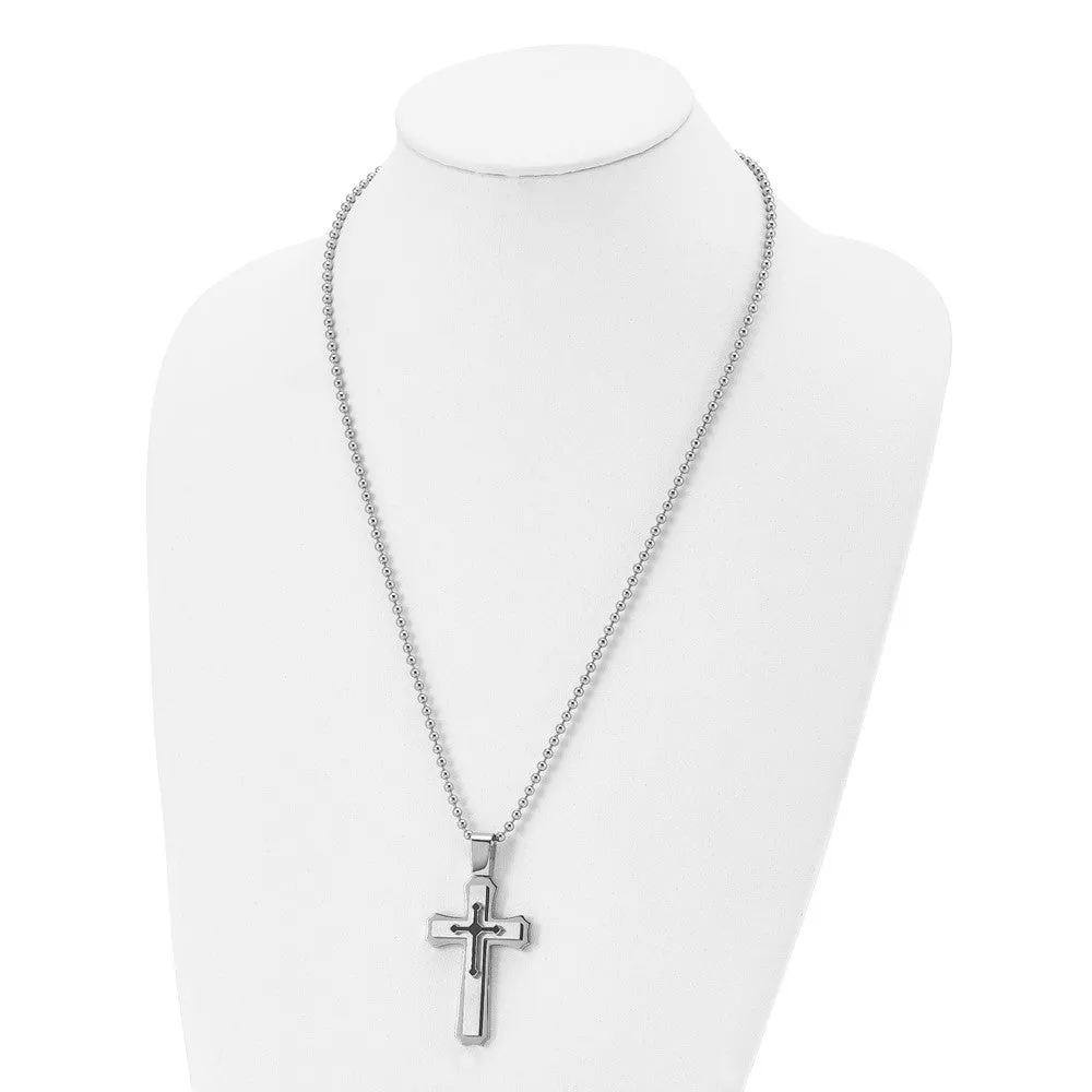 Stainless Steel & Black Rubber Triple Cross Necklace, 24 Inch