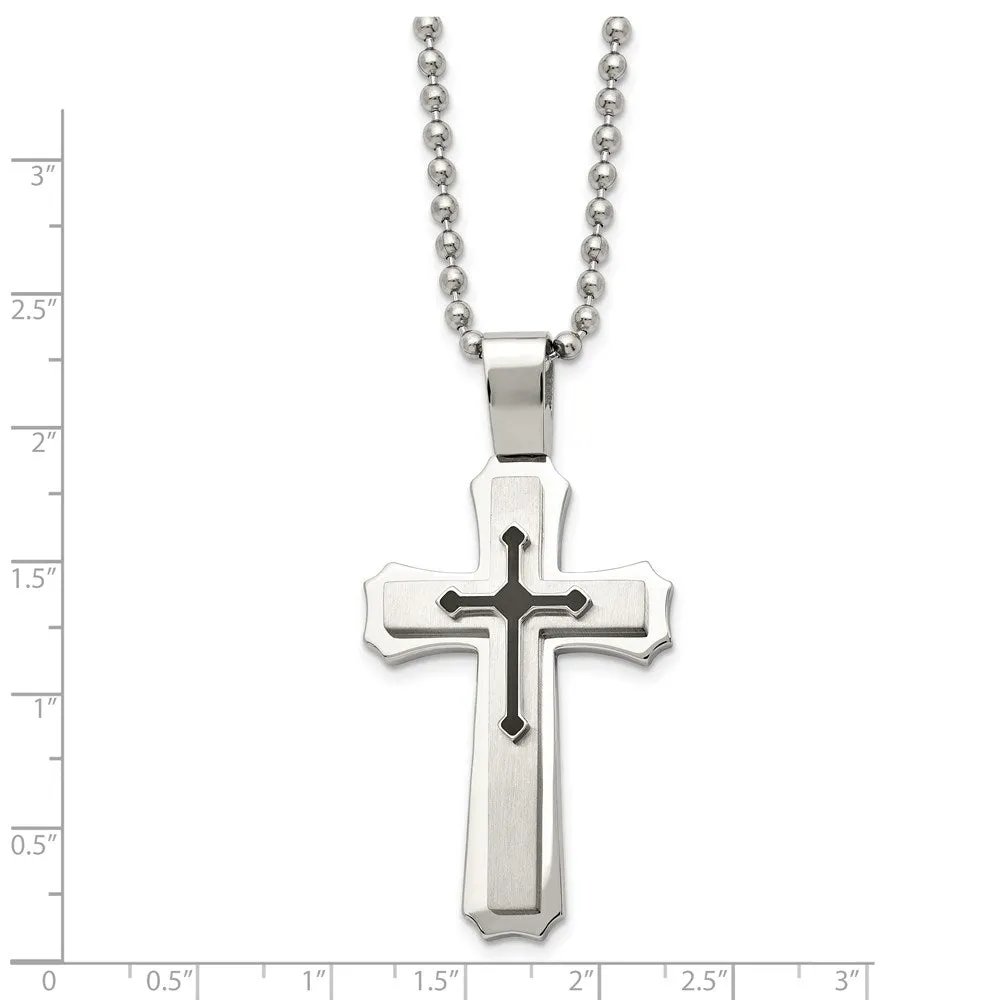 Stainless Steel & Black Rubber Triple Cross Necklace, 24 Inch