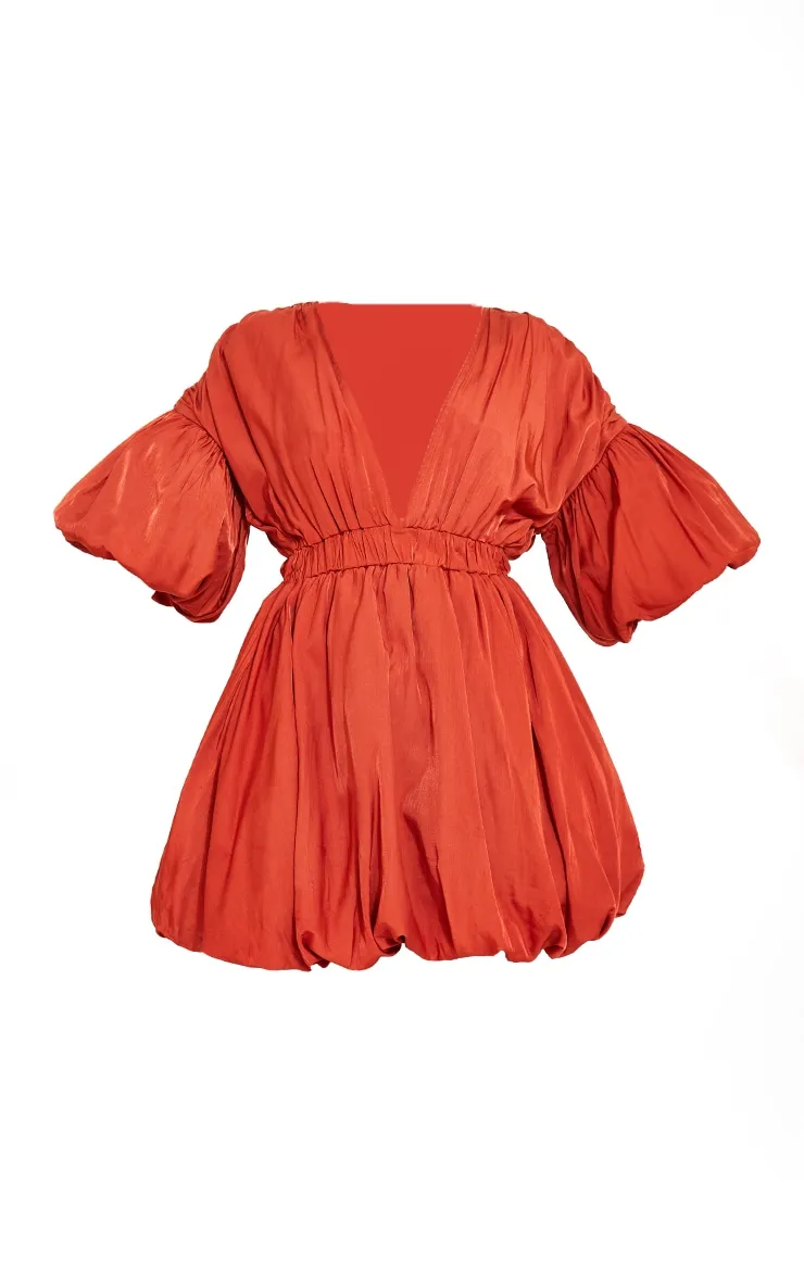 Terracotta Puff Sleeve Puffball Hem Shift Dress