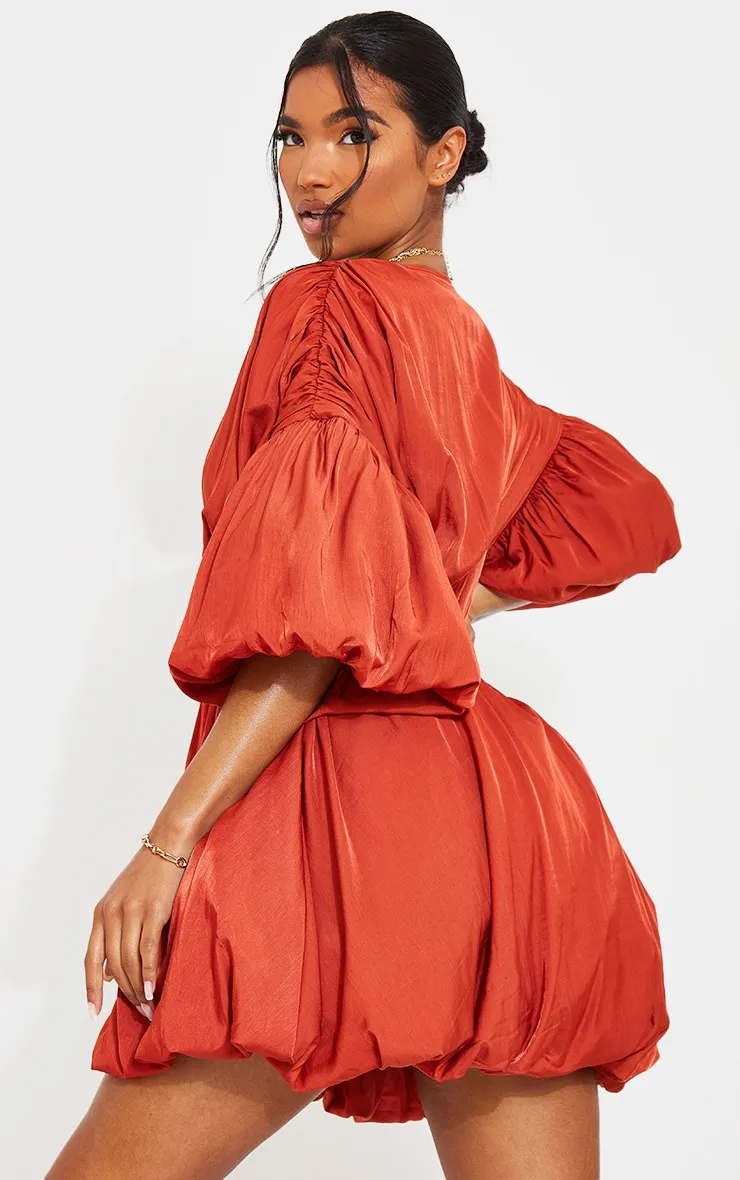 Terracotta Puff Sleeve Puffball Hem Shift Dress