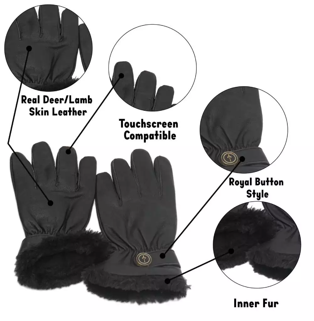 Women's Black Fur Leather Gloves