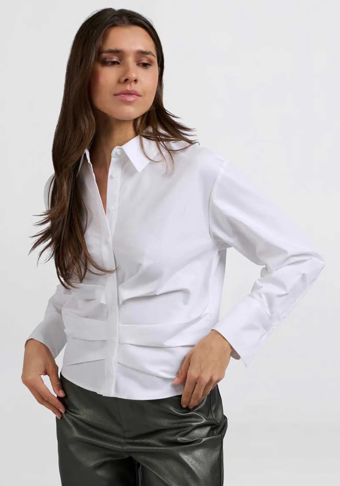 Yaya Ruched Button Up Shirt, White