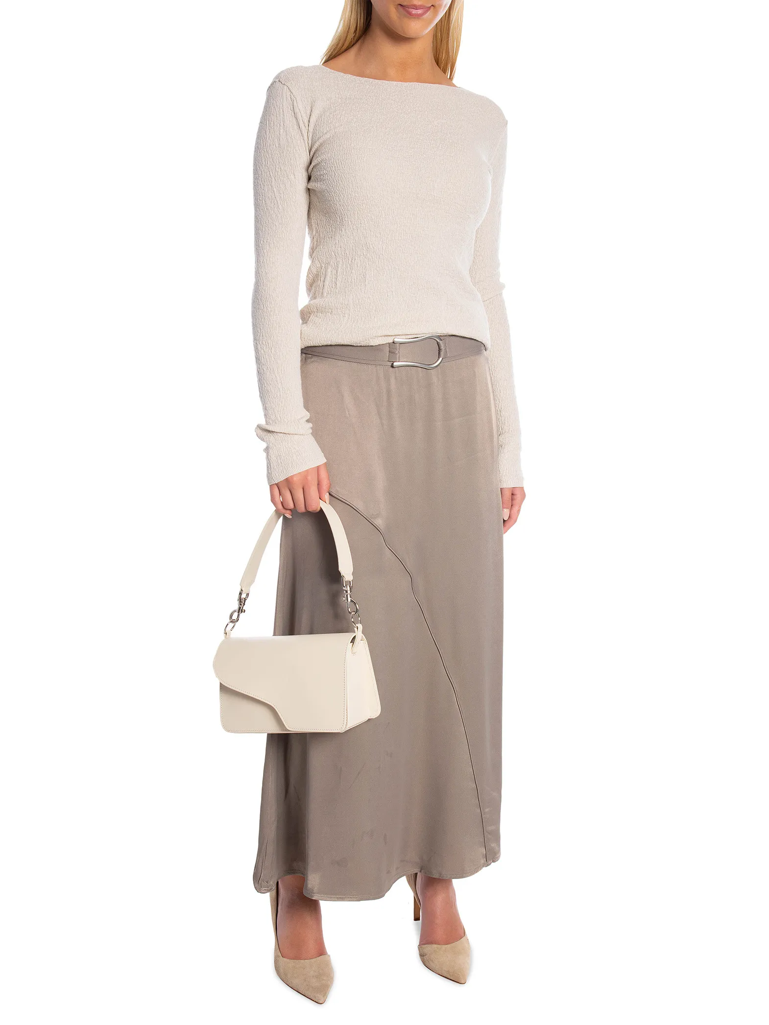 YAYA SKIRT SATIN ALINE MIDI CLAY PEBBLE GREY