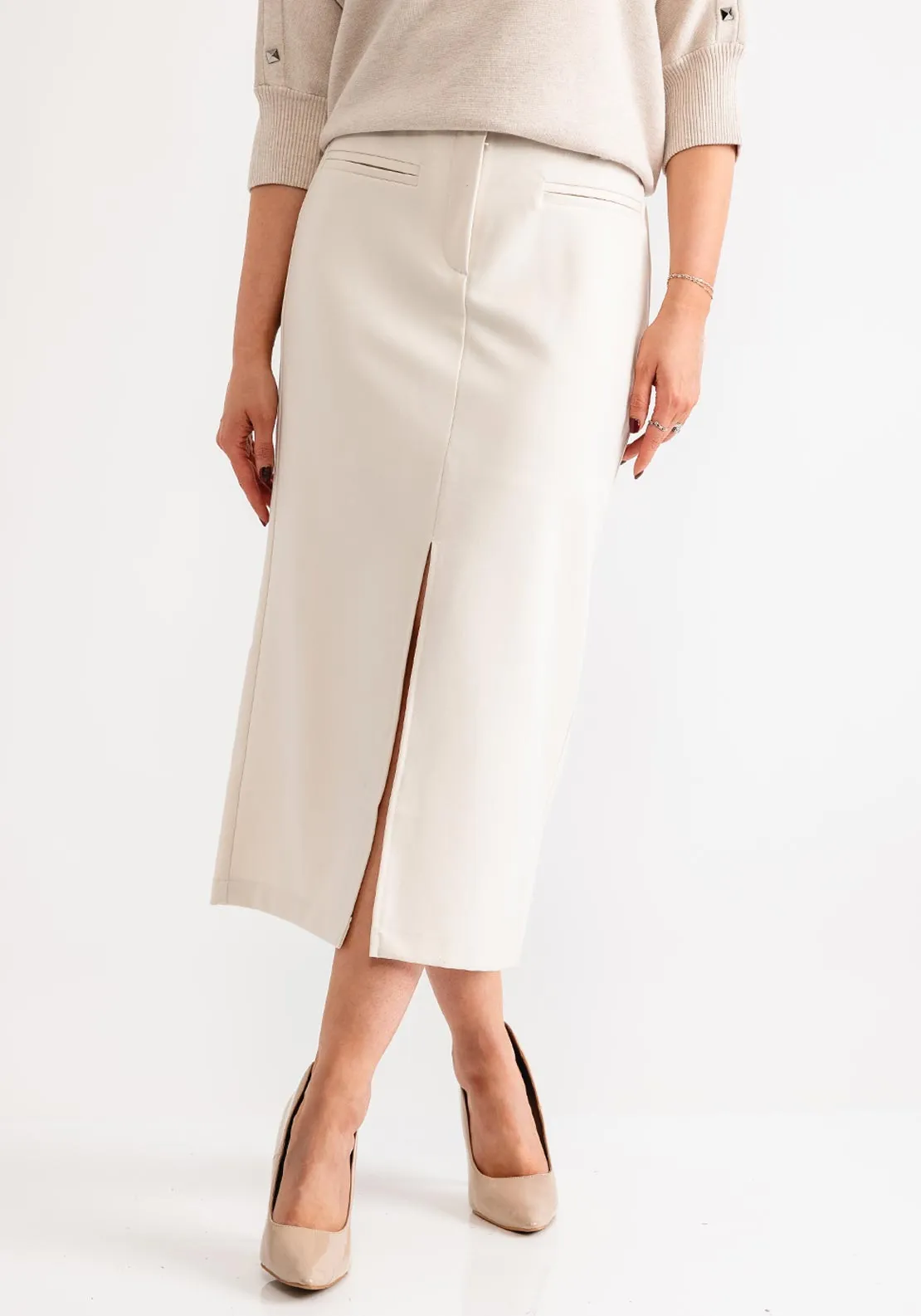 Yaya Slit Detail Pencil Skirt, Cream