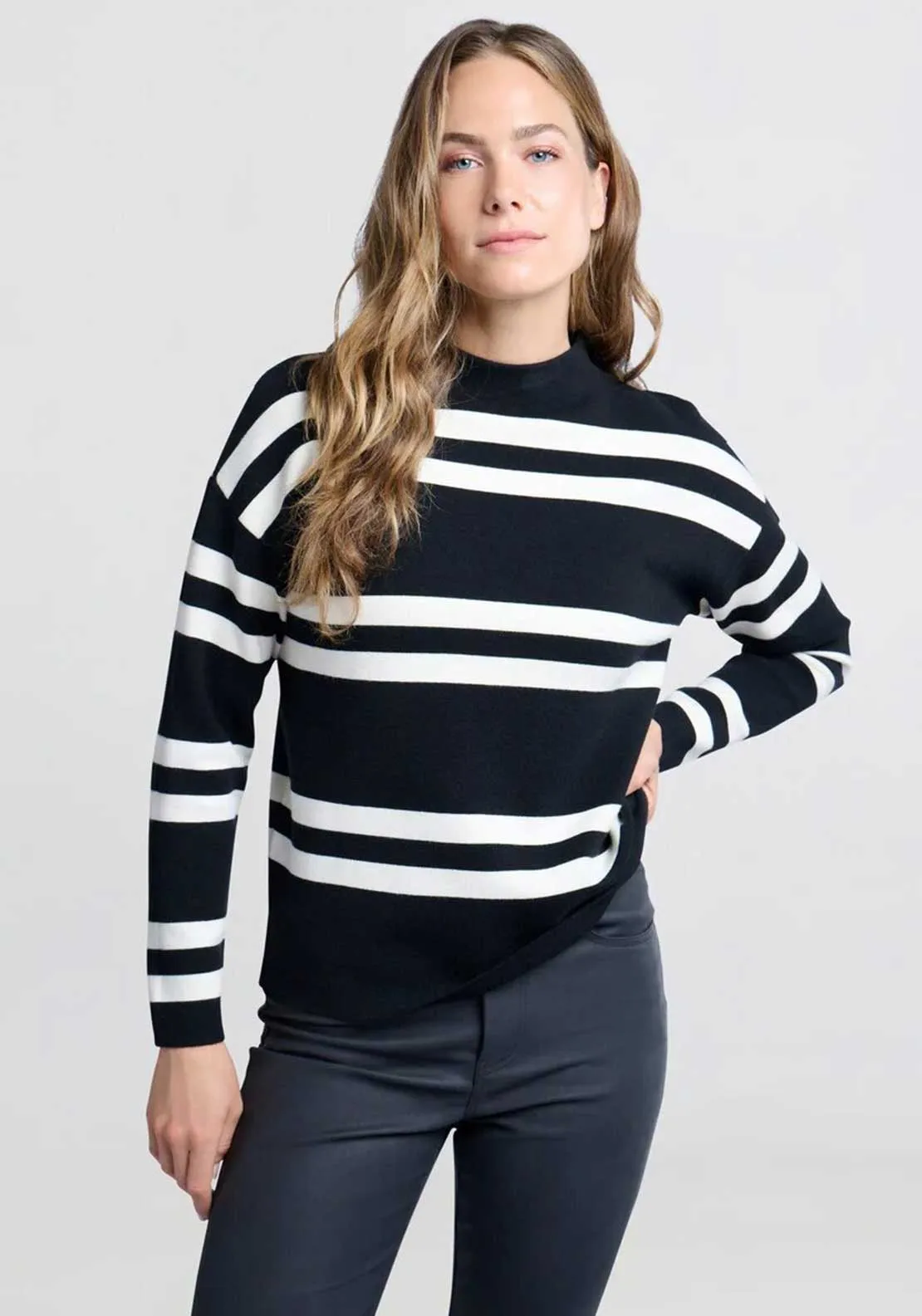 Yaya Striped Polo Neck Jumper, Black